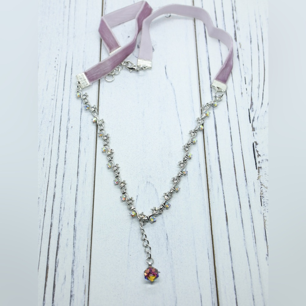 Small crystal square pendant on a mixed gemstones and velvet ribbon necklace.